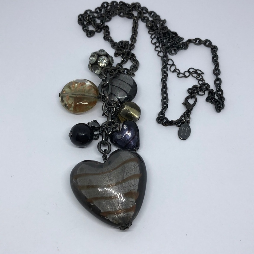 COOKIE Lee Gunmetal Necklace Art Glass Heart Pendant Charms Romantic Statement